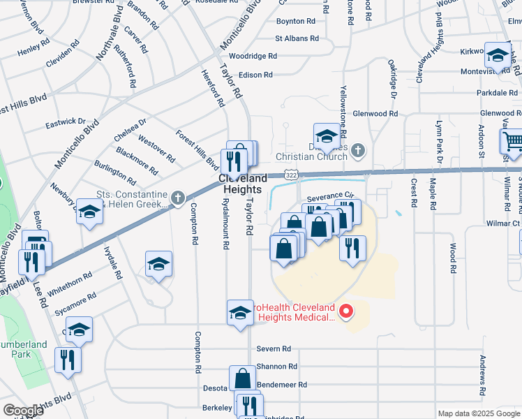 map of restaurants, bars, coffee shops, grocery stores, and more near 35 Severance Circle in Cleveland Heights