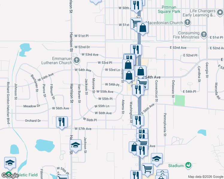 map of restaurants, bars, coffee shops, grocery stores, and more near 310 W 55th Ave in Merrillville