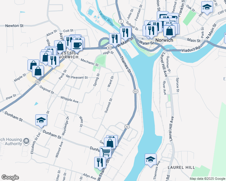map of restaurants, bars, coffee shops, grocery stores, and more near 106 Summit Street in Norwich