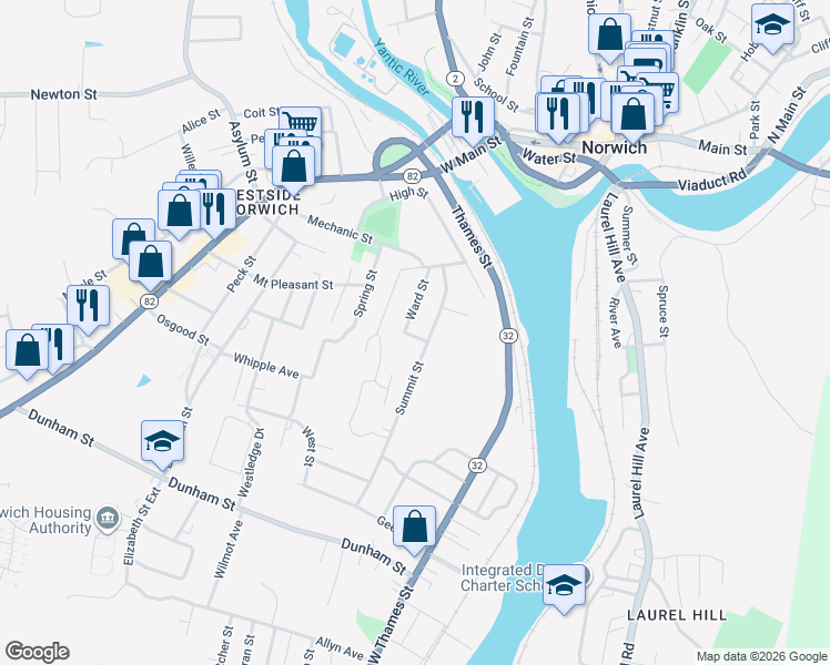 map of restaurants, bars, coffee shops, grocery stores, and more near 60 Bills Avenue in Norwich
