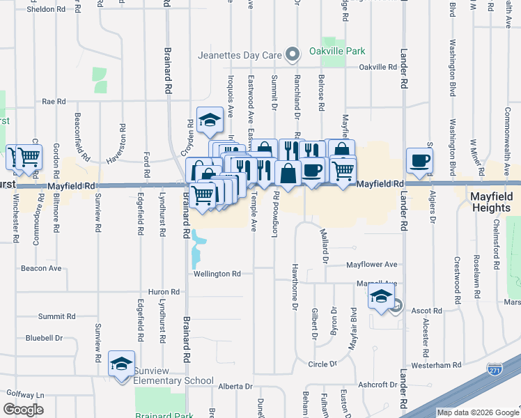 map of restaurants, bars, coffee shops, grocery stores, and more near 1538 Temple Avenue in Mayfield Heights