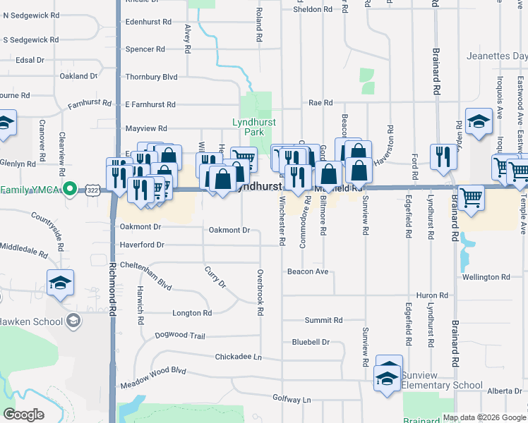 map of restaurants, bars, coffee shops, grocery stores, and more near 5295 Oakmont Drive in Lyndhurst