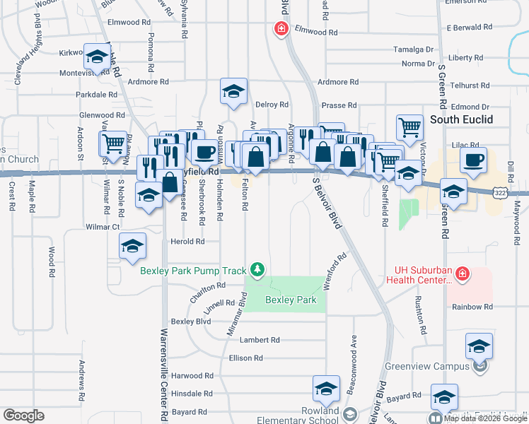 map of restaurants, bars, coffee shops, grocery stores, and more near 1519 Felton Road in South Euclid