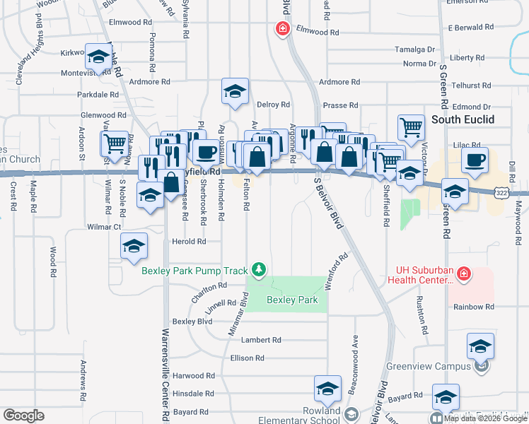 map of restaurants, bars, coffee shops, grocery stores, and more near 1519 Felton Road in South Euclid