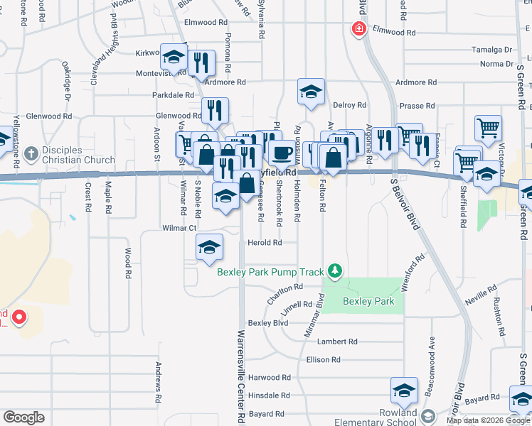 map of restaurants, bars, coffee shops, grocery stores, and more near 1520 Genesee Road in South Euclid