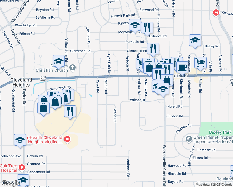 map of restaurants, bars, coffee shops, grocery stores, and more near 1521 Parkhill Road in Cleveland Heights