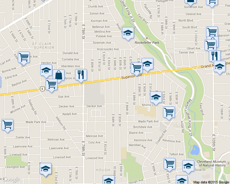 map of restaurants, bars, coffee shops, grocery stores, and more near 1365 East 85th Street in Cleveland