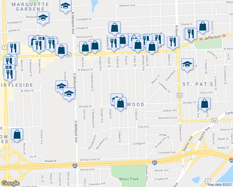 map of restaurants, bars, coffee shops, grocery stores, and more near 216 Oneill Street in Joliet