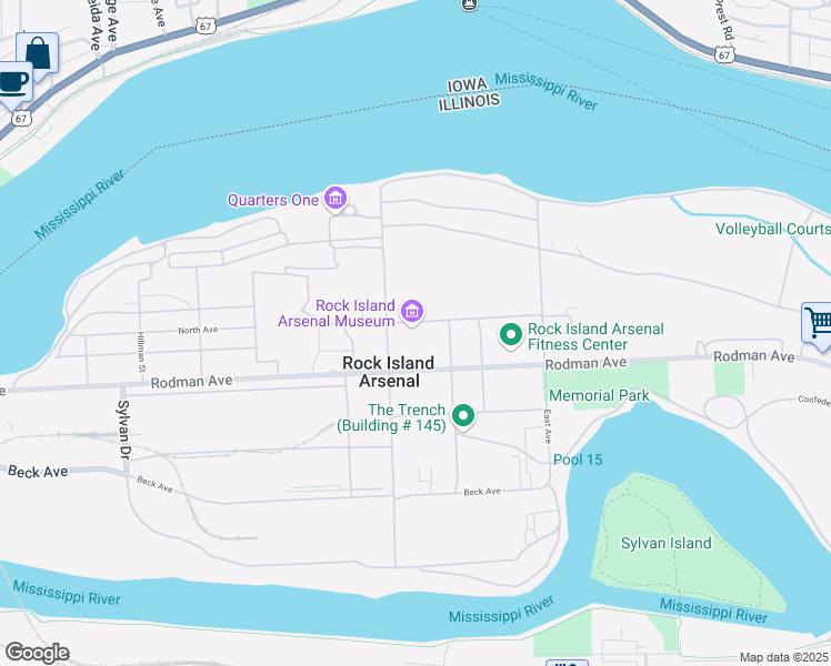 map of restaurants, bars, coffee shops, grocery stores, and more near North Avenue in Rock Island