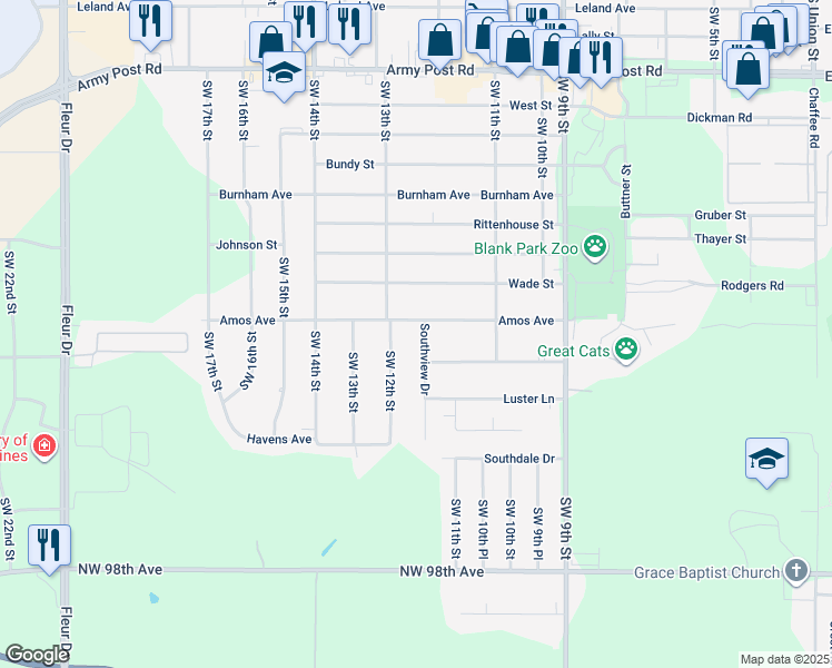 map of restaurants, bars, coffee shops, grocery stores, and more near 7260 Southview Drive in Des Moines