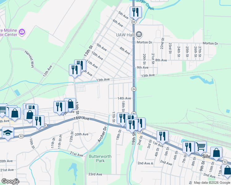 map of restaurants, bars, coffee shops, grocery stores, and more near 1349 18th Street in East Moline