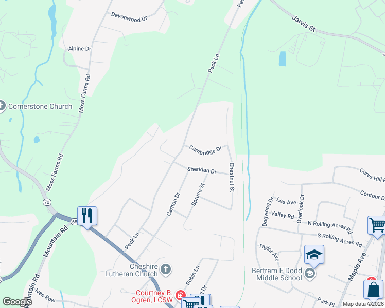 map of restaurants, bars, coffee shops, grocery stores, and more near 470 Sheridan Drive in Cheshire