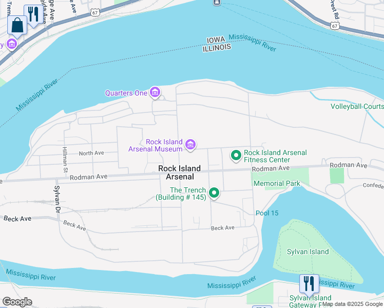 map of restaurants, bars, coffee shops, grocery stores, and more near 1 Rock ISland Arsenal in Rock Island