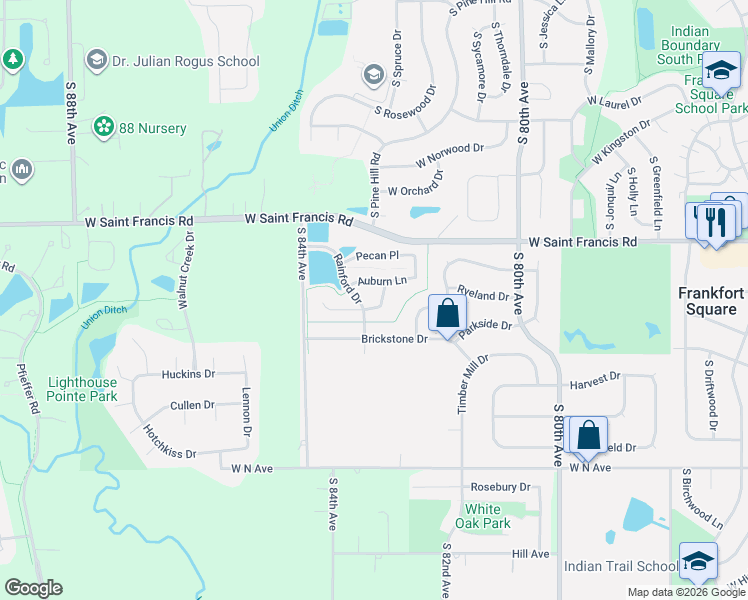 map of restaurants, bars, coffee shops, grocery stores, and more near 8256 W Chestnut Ct in Frankfort