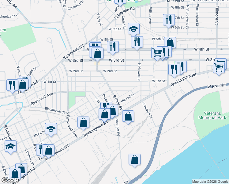 map of restaurants, bars, coffee shops, grocery stores, and more near 224 South Pine Street in Davenport