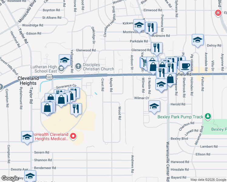 map of restaurants, bars, coffee shops, grocery stores, and more near 1505 Maple Road in Cleveland Heights