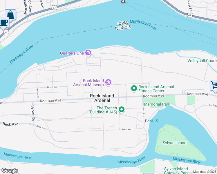 map of restaurants, bars, coffee shops, grocery stores, and more near North Avenue in Rock Island Arsenal