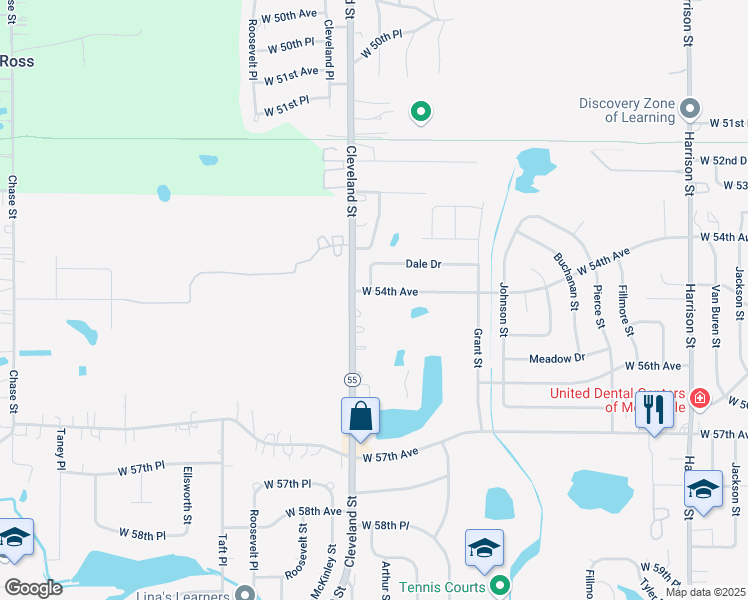 map of restaurants, bars, coffee shops, grocery stores, and more near 5403-5527 Cleveland Street in Merrillville
