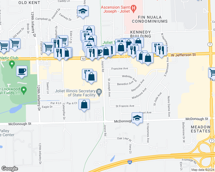 map of restaurants, bars, coffee shops, grocery stores, and more near 125 Saint Joseph Avenue in Joliet