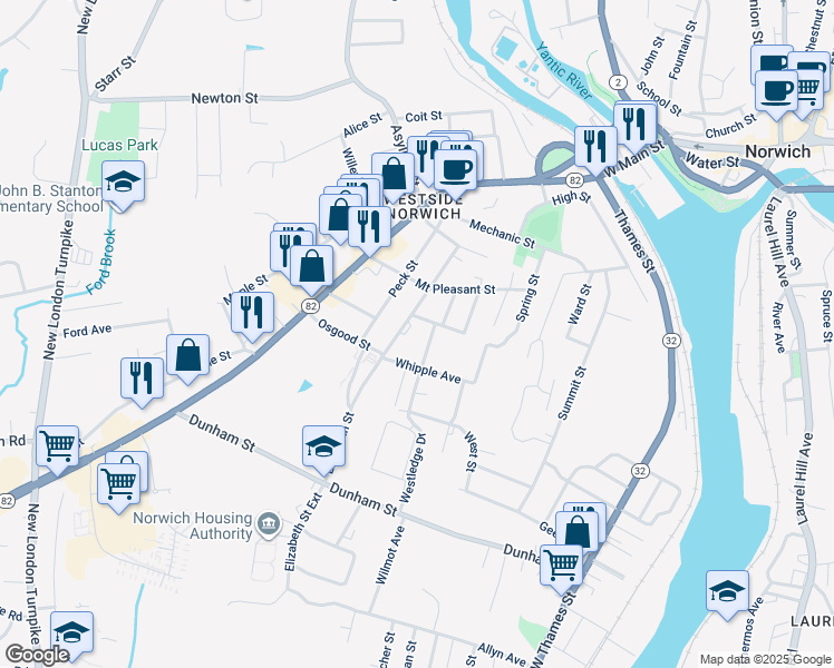 map of restaurants, bars, coffee shops, grocery stores, and more near 27 Scott Street in Norwich