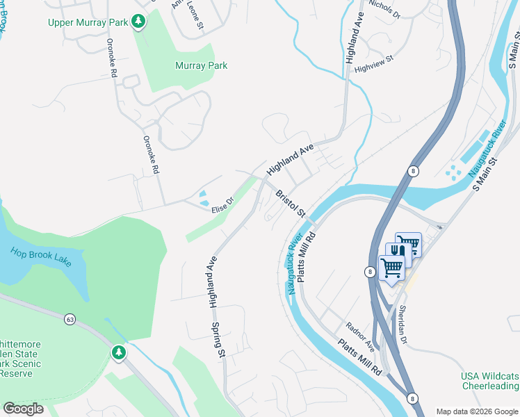 map of restaurants, bars, coffee shops, grocery stores, and more near 57 Bristol Street in Waterbury