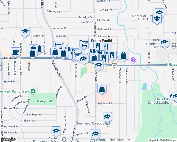 map of restaurants, bars, coffee shops, grocery stores, and more near 1533 Garden Drive in South Euclid