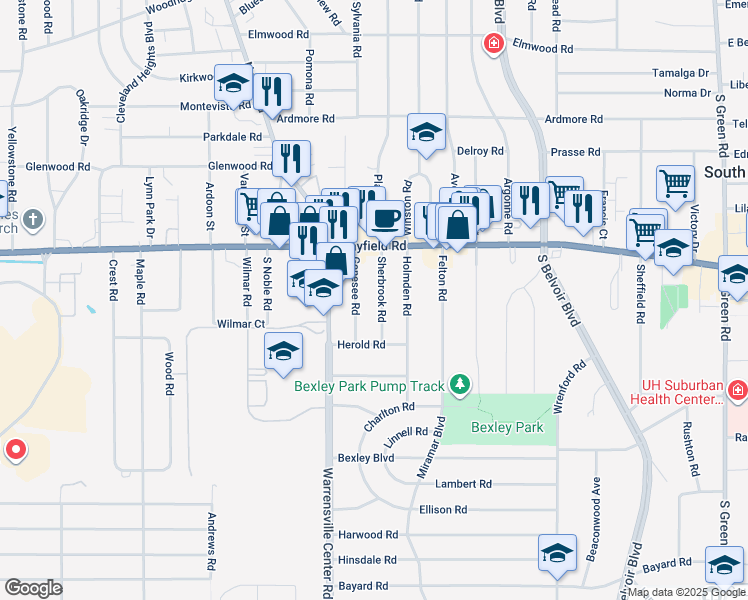 map of restaurants, bars, coffee shops, grocery stores, and more near 1517 Sherbrook Road in South Euclid
