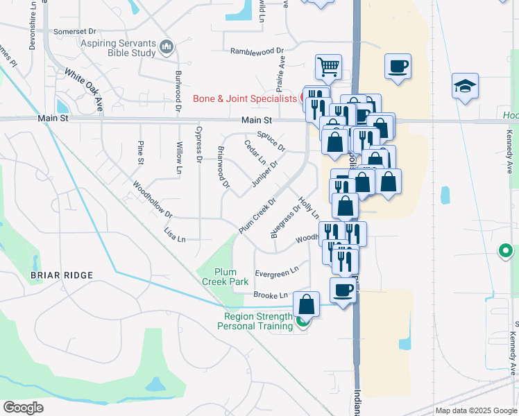map of restaurants, bars, coffee shops, grocery stores, and more near 213 Plum Creek Drive in Schererville