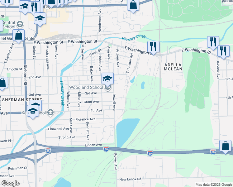 map of restaurants, bars, coffee shops, grocery stores, and more near 306 Rowell Avenue in Joliet