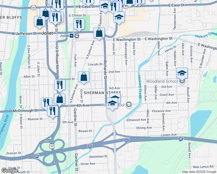map of restaurants, bars, coffee shops, grocery stores, and more near 300 3rd Avenue in Joliet