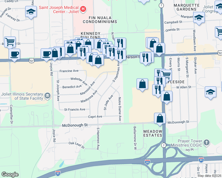 map of restaurants, bars, coffee shops, grocery stores, and more near 136 South Hammes Avenue in Joliet