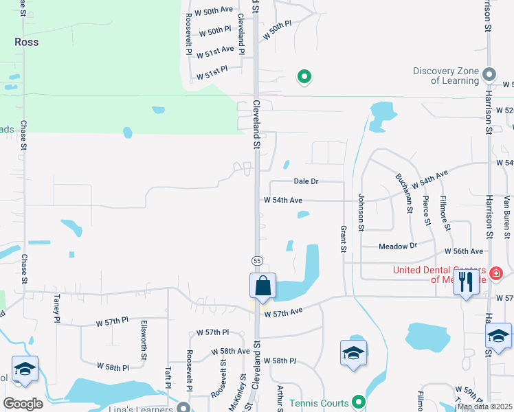 map of restaurants, bars, coffee shops, grocery stores, and more near 5403 Cleveland Street in Merrillville