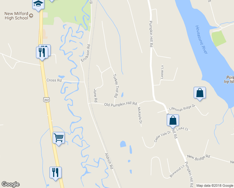 map of restaurants, bars, coffee shops, grocery stores, and more near 22 Turkey Trot Road in New Milford