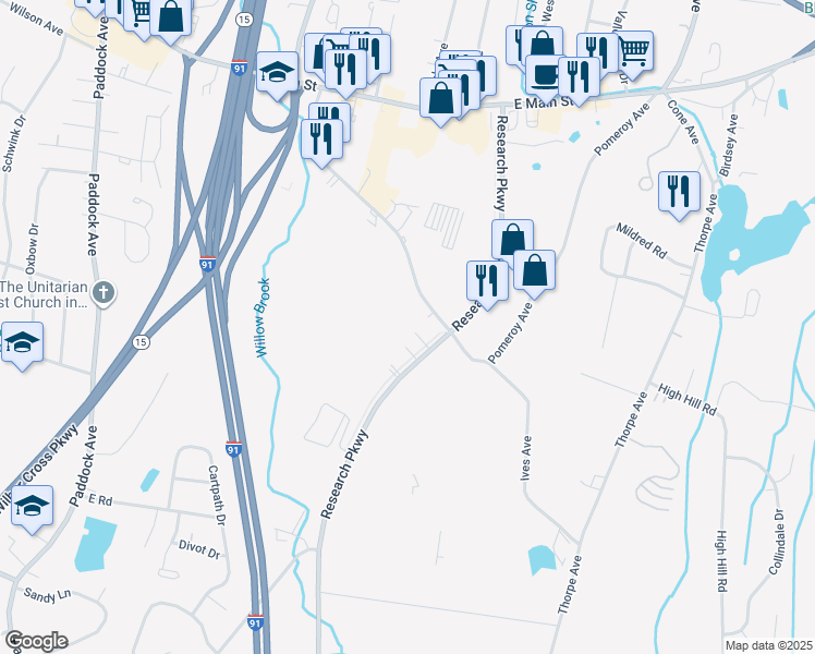 map of restaurants, bars, coffee shops, grocery stores, and more near 275 Research Parkway in Meriden