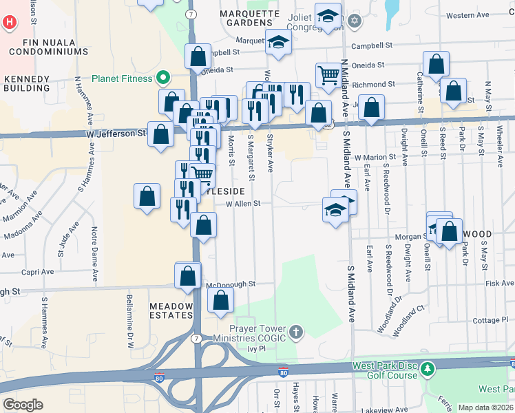 map of restaurants, bars, coffee shops, grocery stores, and more near 200 South Margaret Street in Joliet