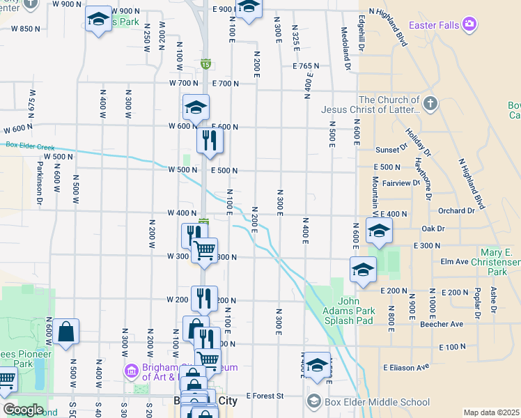 map of restaurants, bars, coffee shops, grocery stores, and more near 408 North 200 East in Brigham City