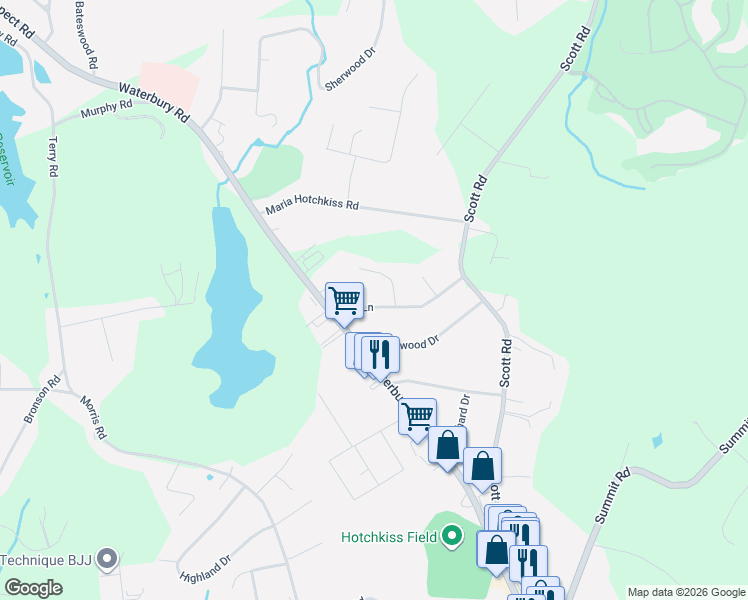 map of restaurants, bars, coffee shops, grocery stores, and more near 15 Oak Lane in Prospect