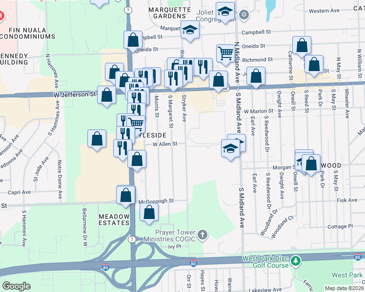 map of restaurants, bars, coffee shops, grocery stores, and more near 1600 West Allen Street in Joliet