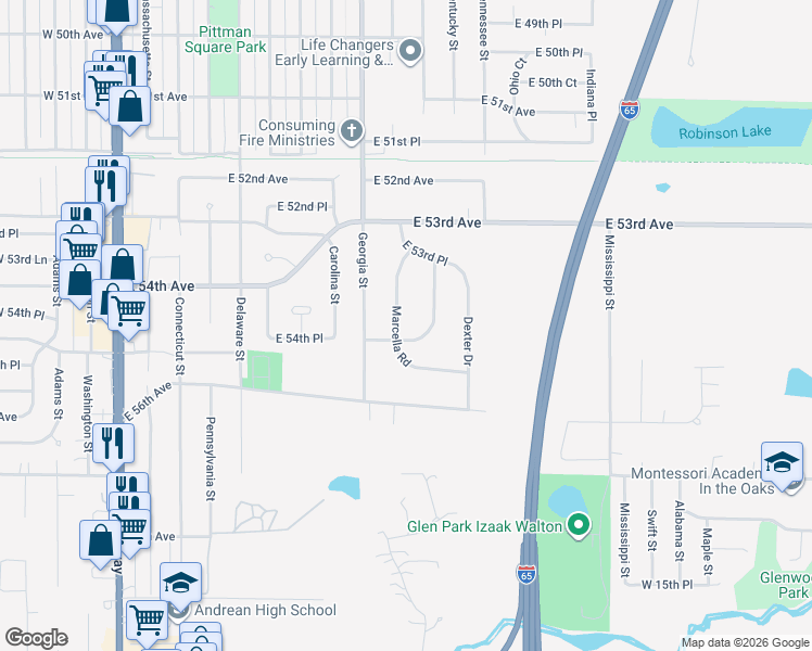 map of restaurants, bars, coffee shops, grocery stores, and more near 5481 Marcella Road in Merrillville