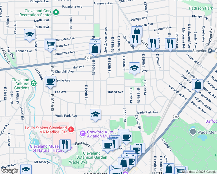 map of restaurants, bars, coffee shops, grocery stores, and more near 1448 East 112th Street in Cleveland