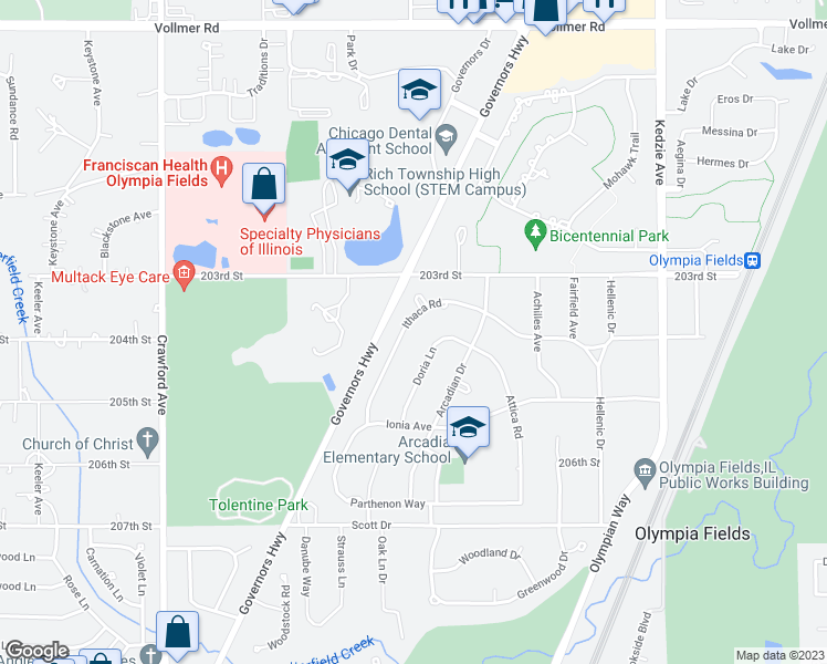 map of restaurants, bars, coffee shops, grocery stores, and more near 20341 Ithaca Road in Olympia Fields
