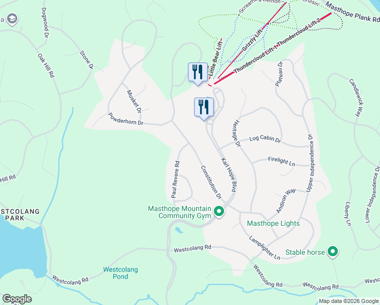 map of restaurants, bars, coffee shops, grocery stores, and more near 57 Constitution Drive in Lackawaxen