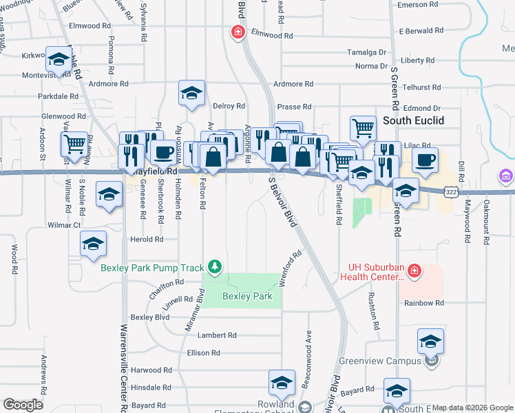 map of restaurants, bars, coffee shops, grocery stores, and more near 1524 Laclede Road in South Euclid