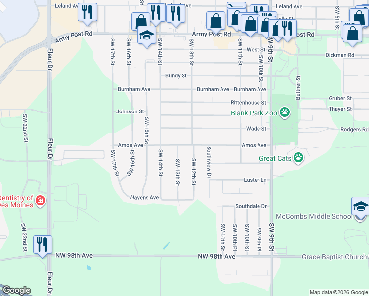 map of restaurants, bars, coffee shops, grocery stores, and more near 7208 Southwest 12th Street in Des Moines
