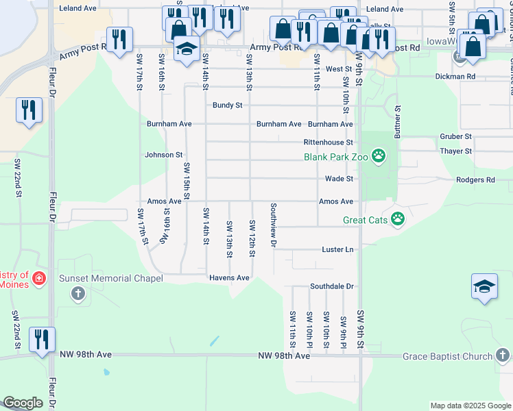 map of restaurants, bars, coffee shops, grocery stores, and more near 1198 Amos Avenue in Des Moines