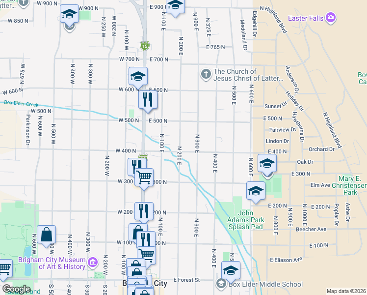 map of restaurants, bars, coffee shops, grocery stores, and more near 377 North 200 East in Brigham City