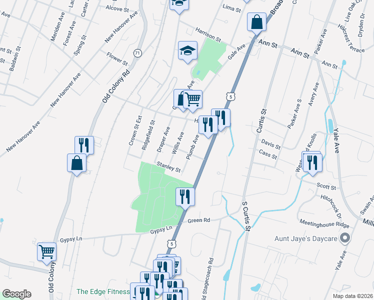 map of restaurants, bars, coffee shops, grocery stores, and more near 99 Plumb Avenue in Meriden
