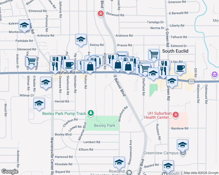 map of restaurants, bars, coffee shops, grocery stores, and more near 1524 Laclede Road in South Euclid