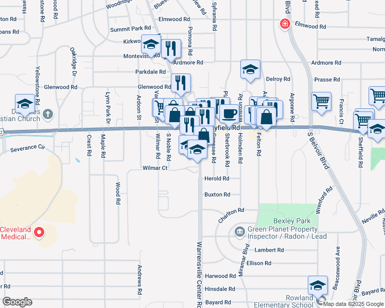 map of restaurants, bars, coffee shops, grocery stores, and more near 1508 Warrensville Center Road in Cleveland Heights