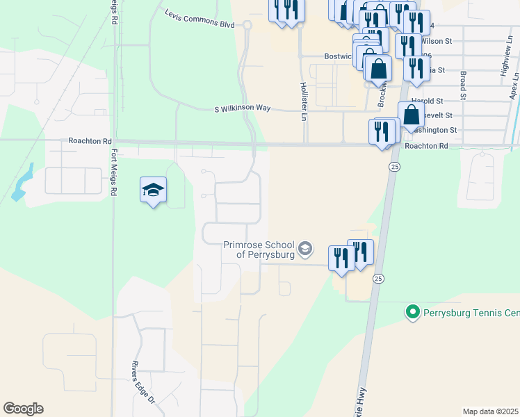 map of restaurants, bars, coffee shops, grocery stores, and more near 1643 Horseshoe Bend Drive in Perrysburg